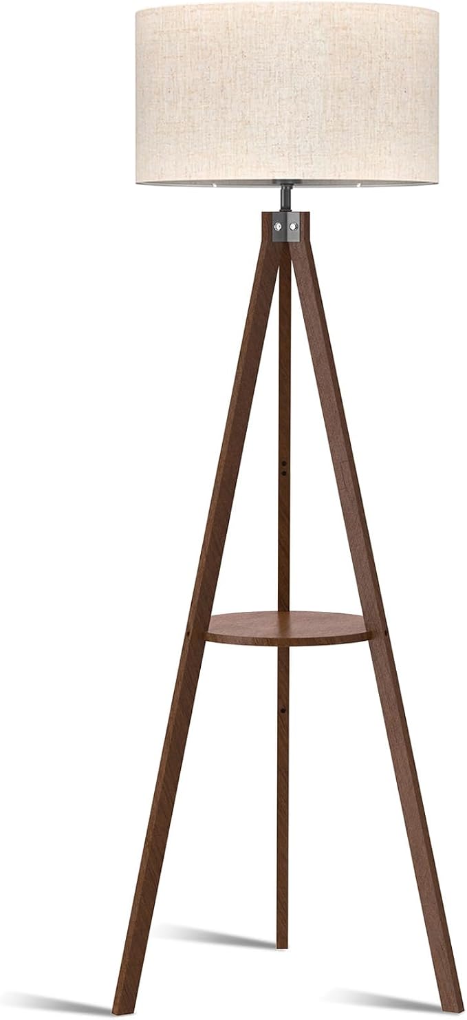LEPOWER Shelf Floor Lamp Tripod Mid Century Modern Lamps for Living Room | Light-Diffusing Linen Shade, Premium Rubberwood, E26 Base, Foot Switch, Adding Warmth to Bedroom, Office & Study Corner Dark