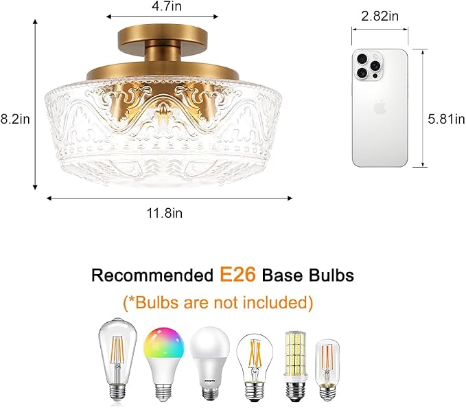 Daunton 3 Light Semi Flush Mount Ceiling Light Fixtures, Brushed Antique Brass Hallway Light Fixtures, Vintage Glass Ceiling Light Fixture for Bedroom, Closet, Entryway, Bathroom, Kitchen, E26*3