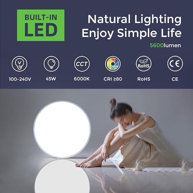 LightingWill 24 Inch LED Flush Mount Ceiling Light Fixture, 6000K Cool White, 5600LM, 45W, Flat Modern Round Lighting Fixture, 400W Equivalent White Ceiling Lamp for Kitchens, Bedrooms.etc.