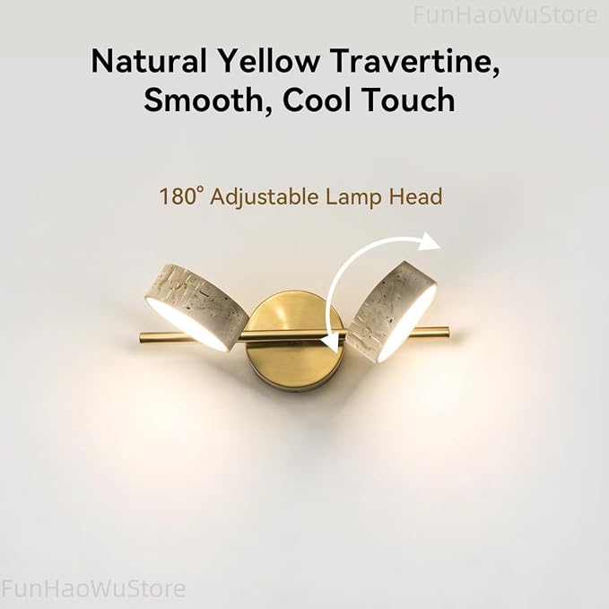 Led Bathroom Lighting Fixtures Over Mirror with 2 Travertine Shades,Vanity Lights Wall Lamp, 180° Rotatable Stone Lampshades Bathroom Lights, Modern Farmhouse Stone Sconces Gold