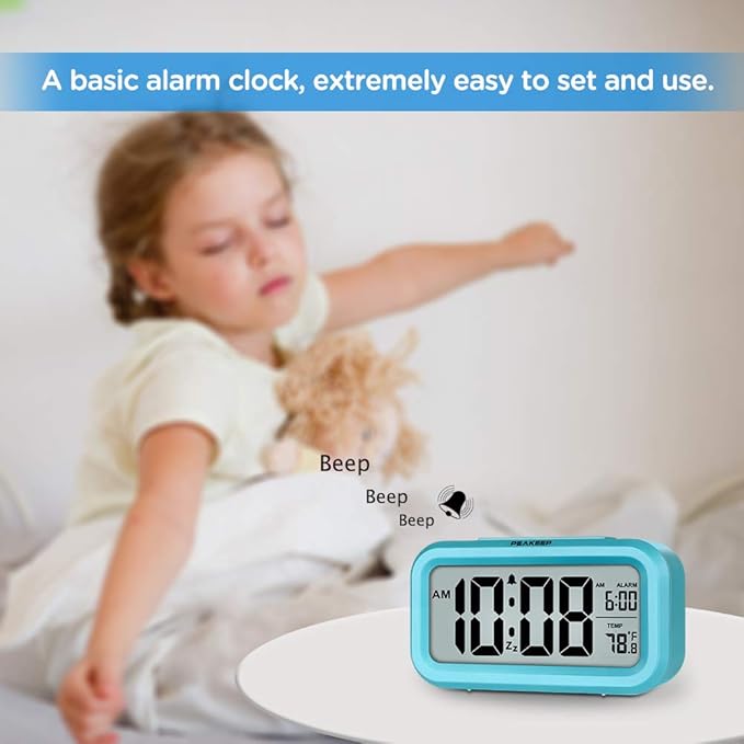 Peakeep Night Light Digital Alarm Clock Battery Operated with Indoor Temperature, Desk Small Clock (Blue)