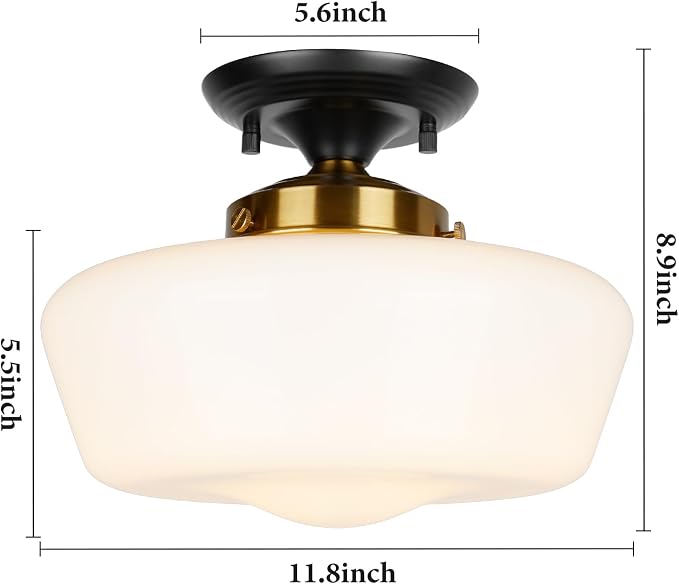 Schoolhouse Style Semi Flush Mount Ceiling Light Fixture, 12" Modern Black and Gold Ceiling Lamp with Opal Milk Glass Shade, Matte Black & Brass Farmhouse Globe Light for Bedroom Hallway Entryway