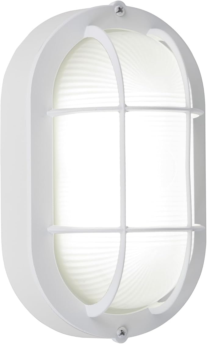 GRUENLICH LED Bulkhead Light Fixture, Aluminum Outdoor Wall Lantern, 8.5" | Oval Exterior Porch Light Wall Sconce for House Walkway Nautical Sauna, Dimmable 6W 600 Lumen, Glass, 5000K, White, 1 Pack
