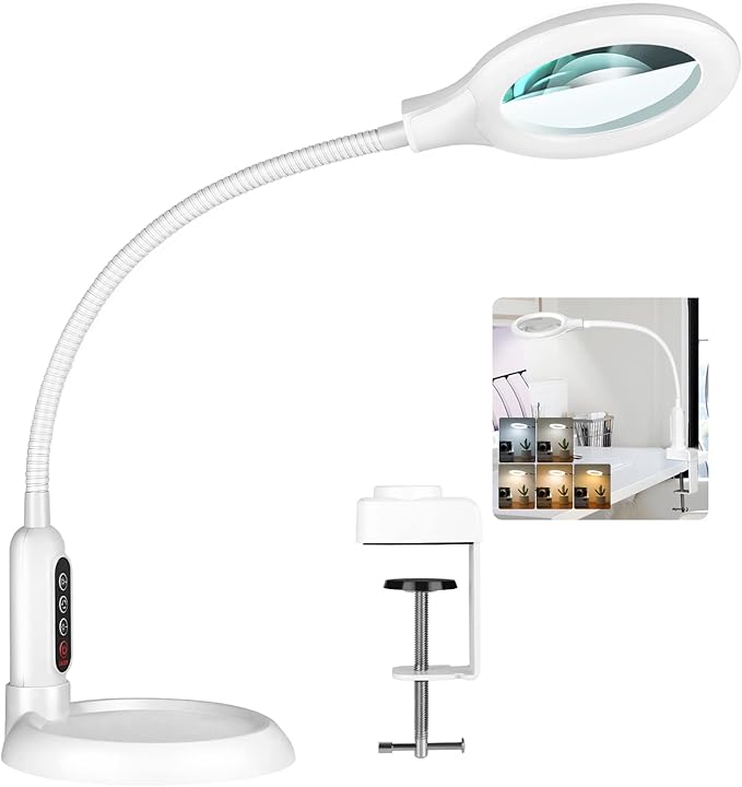 10X Magnifying Glass with Light and Clamp, 5 Color Modes Stepless Dimmable Lighted Magnifier with Stand, Flexible Gooseneck LED Desk Lamp Hands Free for Craft Painting Hobby Close Work