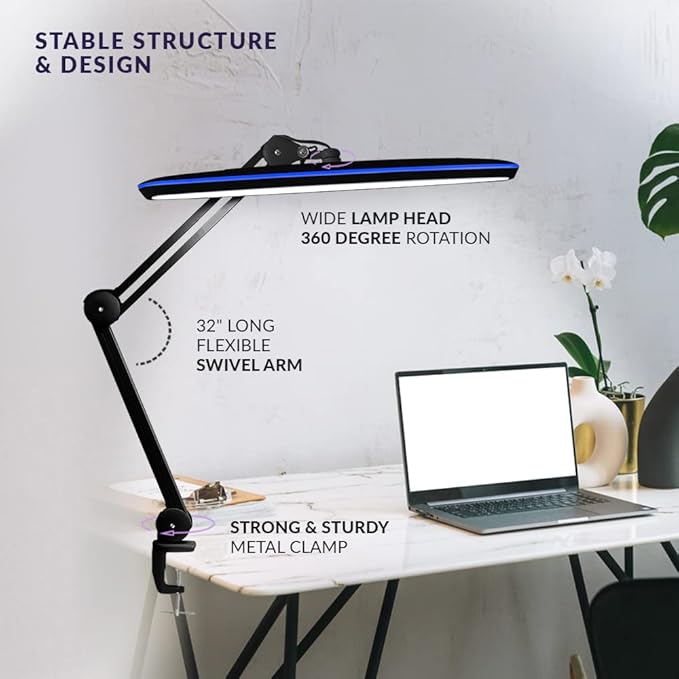 Neatfi XL 2,200 Lumens 20W LED Task Lamp – 23” Ultra-Wide Head | 182 SMD LEDs | 4 Brightness Levels | 3 Light Modes | Eye-Caring, Glare-Free | Adjustable Arm (CCT with Clamp, Black)