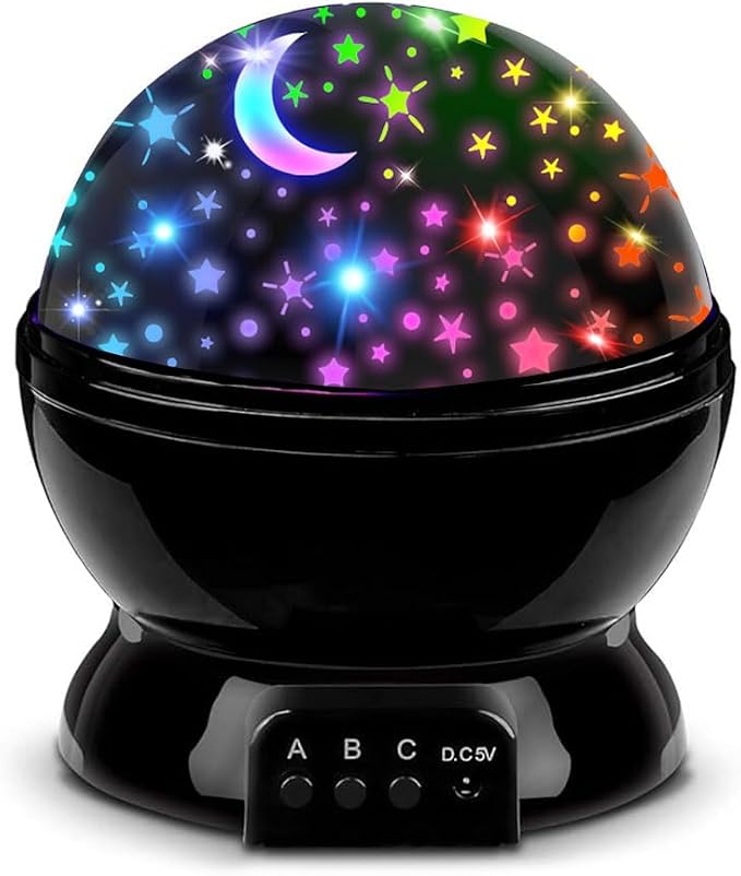 Night Light for Kids, Room Decor for Boys, LED Projector, Rotation Night Light Projector, USB or Battery Operated Star and Moon Lights, Change Color Star Lights (Black)