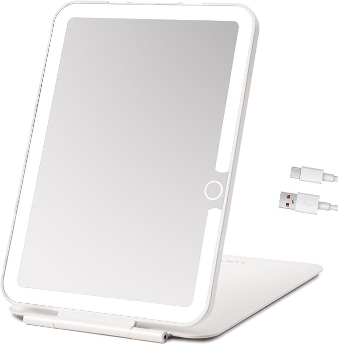 Travel Mirror with Light,7x5 inch Rechargeable Portable Lighted Makeup Mirror,3 Color Lighting Adjust Brightness,Tabletop Folding LED Compact Mirror