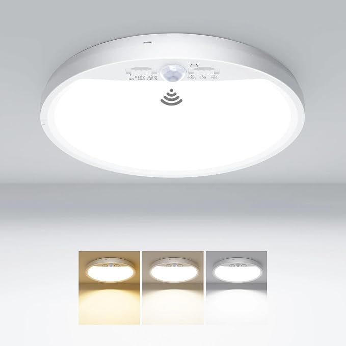 hepside Motion Sensor Ceiling Light Wired, 3000K/4000K/6500K LED Flush Mount Ceiling Light Fixture, 7Inch 15W Motion Sensor Light with Timer for Closet Stair Porch Hallway Pantry,White
