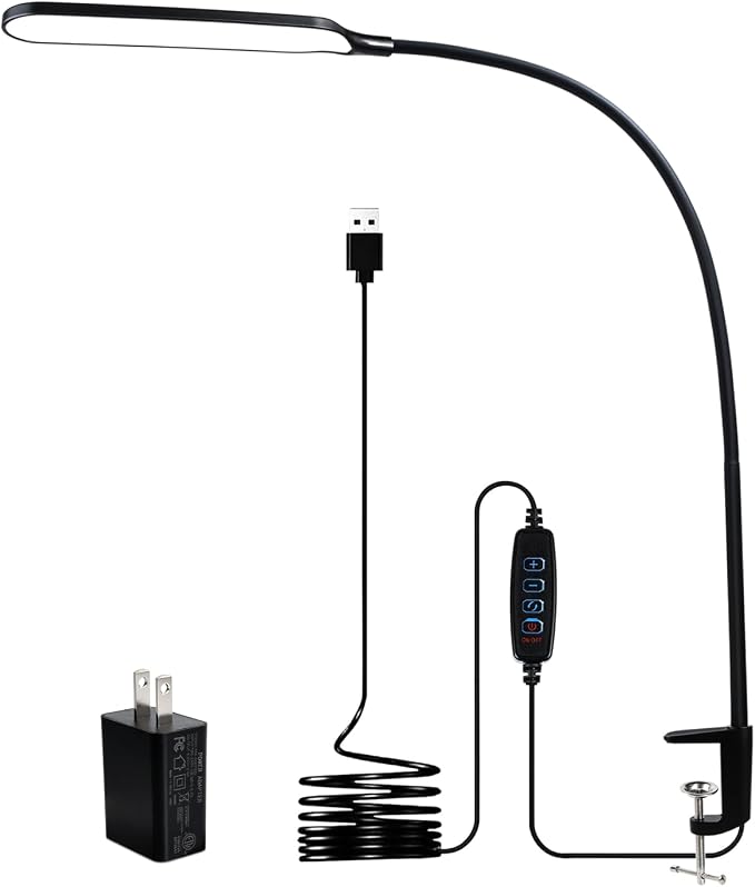 8W LED Desk Lamp with Long Gooseneck and USB Cable, 800LM | Metal Dimmable Clip on Lamp, 3 Colors and 10 Modes, Eye-Caring for Home Office Reading