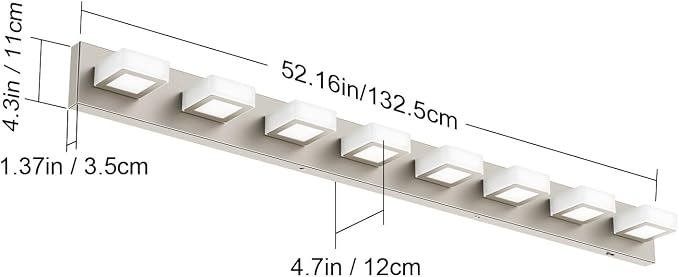 Ralbay 52inch Brushed Nickel Vanity Lights 8 Lights Dimmable 5 Color Temperature Acrylic Modern LED Bathroom Vanity Lighting Fixtures Brushed Nickel