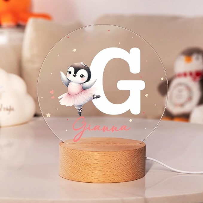 Personalized Ballet Cartoon Animal Night Light, Custom Name LED Light with Wooden Base Nursery Decor Gift for Kids