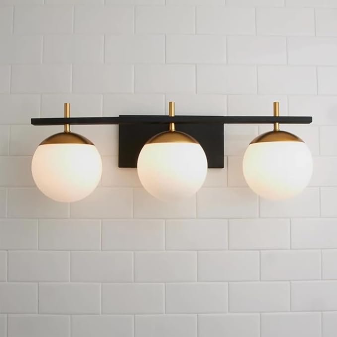 Mid Century 3-Light Bathroom Vanity Light Over Mirror, Black and Gold Modern Bathroom Light Fixtures with Milky White Frosted Glass Globe Shade, Wall Sconces for Bathroom, Stairs, Kitchen