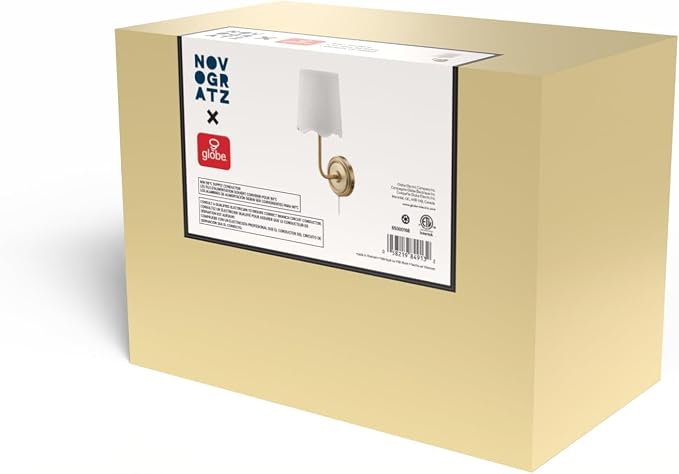 Novogratz x Globe 1-Light Hardwire or Plug-in Wall Sconce, Matte Brass, White Fabric Shade, in-Line Rocker Switch, 6 Ft Fabric Cord Included