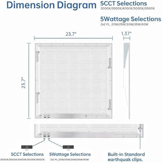 2x2 LED Light Flat Panel, 30-72W, 5 CCT 3K|3.5k|4K|5K|6.5K, Dimmable Recessed Drop Ceiling Lights, 3750/5000/6250/7500/9000 Lumen, Lay in Fixture for Commercial (2x2 FT LED - 12 Pack)