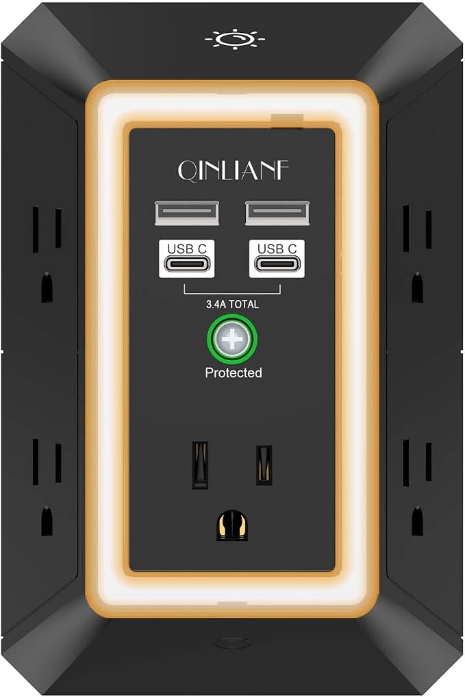 3-Sided Surge Protector Power Strip - QINLIANF Multi Plug Outlet with 5 Outlet Extender and 4 USB Ports(2 USB-C) and Night Light, USB Wall Charger for Home, Office, Travel, ETL Listed, Black