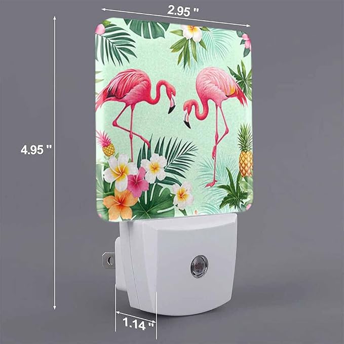 Pink Flamingos Night Light Tropical Flowers and Palm Leaves 0.5W Night Lights Auto LED Lamp Energy Saving Square Lights for Room Bedroom Bathroom