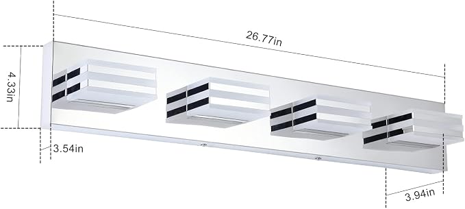 LED Vanity Lights for Bathroom 4 Light Bathroom Lamp over Vanity 27Inch Bathoom Mirror Light Fixtures Modern Bath Bar Lighting Chrome Vanity Lighting Fixtures 24W Restroom Light Fixture 6000K