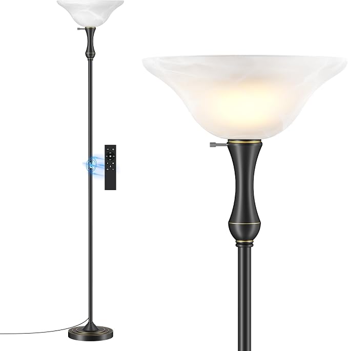 Dimmable LED Torchiere Floor Lamp with Glass Shade | Standing Lamp with Remote & Knob Switch, 3 Color Temperatures, 9W Bulb Included, 69.3" Tall for Living Room, Bedroom & Office