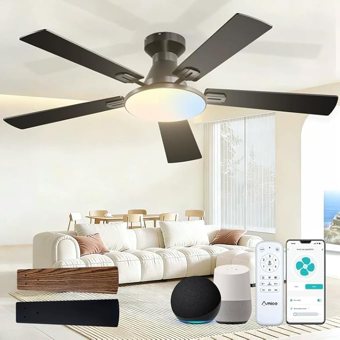 Amico Ceiling Fans with Lights, 52 inch Smart Ceiling Fan with Remote/APP/Alexa Control, Flush Mount, Reversible DC Motor, 5 Blades, 6 Speeds, 3CCT, Dimmable, Noiseless, Bedroom, Living Room, Black