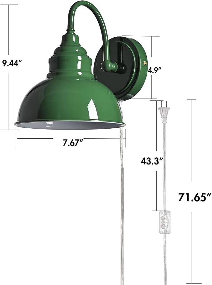 Mini Gooseneck Wall Sconce, 2-Way Mount with Switch, Green | Flexible Gooseneck, Plug-in & Hardwired Dual Installation, On/Off Switch Included, Fits Bedroom, Corridor, Porch