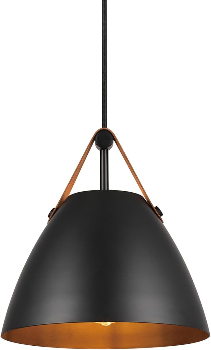 Globe Electric 67000099 1-Light Pendant Light Fixture, Matte Black, Faux Leather Accent Belt, Adjustable Hanging Height, Braided Fabric Cord, Dimmer Switch Compatible, Modern Lighting