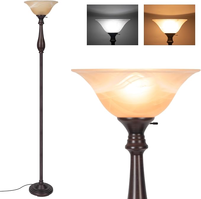 Floor Lamp with Alabaster Glass Bowl Shade, 72 Inch Tall Torchiere, Dark Brown, Brushed Nickel