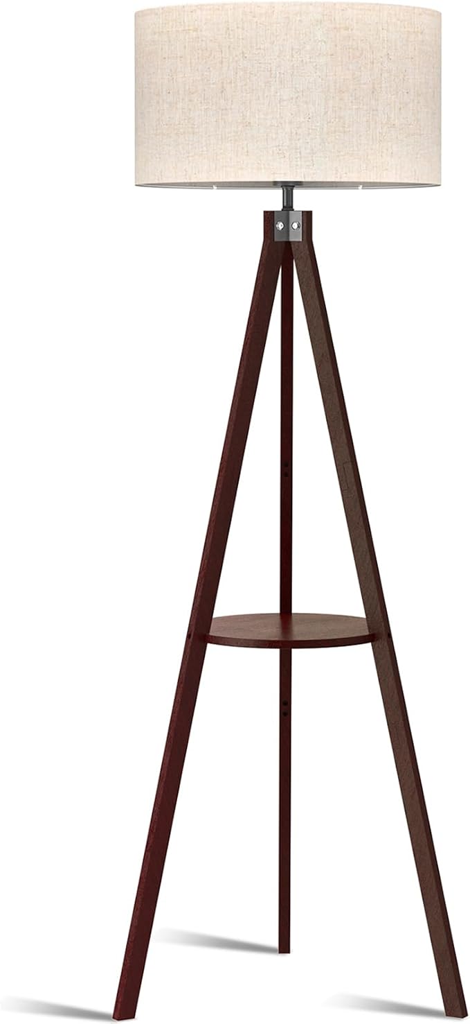 LEPOWER Shelf Floor Lamp Tripod Mid Century Modern Lamps for Living Room | Light-Diffusing Linen Shade, Premium Rubberwood, E26 Base, Foot Switch, Adding Warmth to Bedroom, Office & Corner Walnut