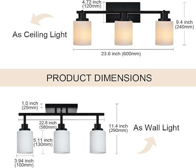3-Lights Track Lighting Kit, Black Directional Ceiling Light Fixtures with Opal White Glass, Wall Mounted Spotlight for Kitchen Hallway