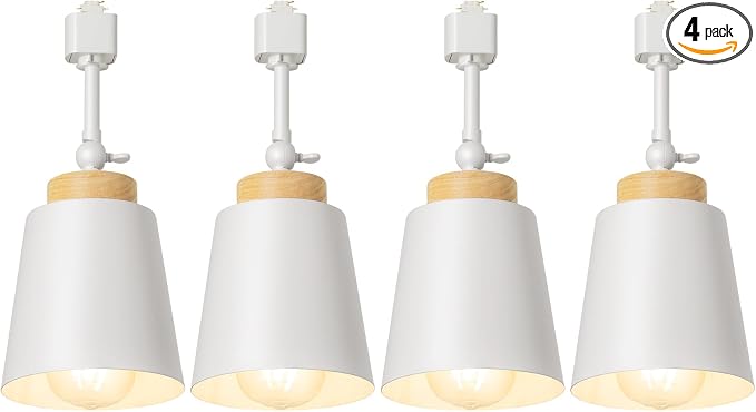 H Type Track Lighting Heads with Lamp Shade, White 4 Pack -No Bulbs | E26 Track Light Ceiling Modern for Kitchen, Compatible with H Track Lighting Rail System, Wood Style Pendant Light Fixtures