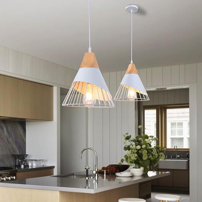 White Pendant Lights Kitchen Island,White Pendant Lights Farmhouse,Adjustable Wood Hanging Light Fixture,Industrial Pendant Lighting for Dining Room,Living Room,Bedroom,Hallway,Kitchen,Bar