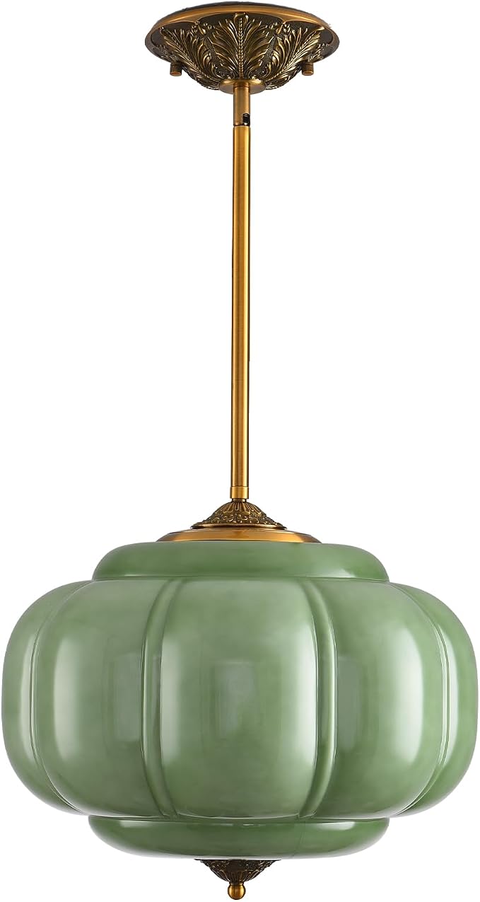 LOUSACE 15 in Vintage Milk Glass Ceiling Light Fixture, Antique Green Milk Glass Pendant Light, Mid Century Art Deco Chandelier for Kitchen Dining Room Hallway Bedroom, LED Bulb Included