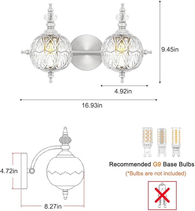 Brushed Nickel Bathroom Vanity Light Fixture Vintage Style - 2 Light G9 Bulb Compatible, 17" Wide Bathroom Lighting Over Mirror with Hand-Etched Glass Shades, Easy Mount for Makeup Area