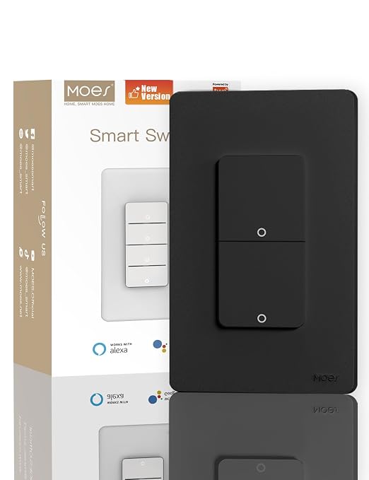 MOES WiFi Smart Double Light Switch, Neutral Required, Black | Inteligente 2 Gang Single Pole Switch, Compatible with Alexa Google Assistant, Remote Control, No Hub Required