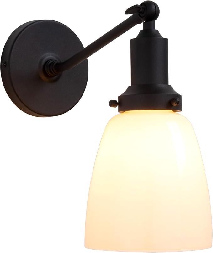Industrial Vintage Slope Pole Single Sconce with 5.5" Oval Dome White Glass Shade Black Wall Sconce Wall Mount Light Lamp Fixture