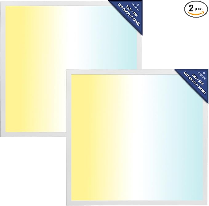 LUXRITE 2x2 FT LED Flat Panel Light, 5CCT Color Selectable 3000K 3500K 4000K 5000K 6500K, Wattage Selectable 20W/30W/40W, 5000 Lumens, LED Drop Ceiling Lights, 0-10V Dimmable, DLC & ETL (2 Pack)
