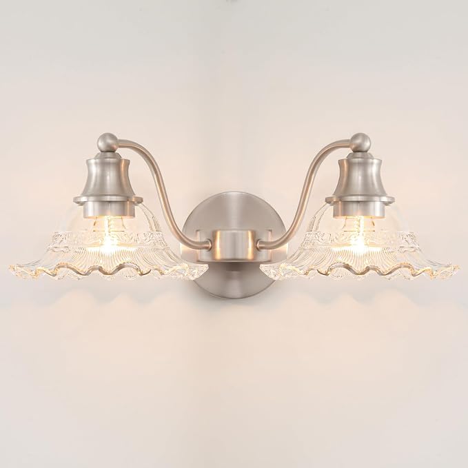 Brushed Nickel Bathroom Vanity Light Fixture Vintage, E26 Easy Mounted | Vanity Light with Flower Glass Shades, 18" Wide Bathroom Lighting Over Mirror, Easy Mounted for Bathroom, Bedroom, Hallway