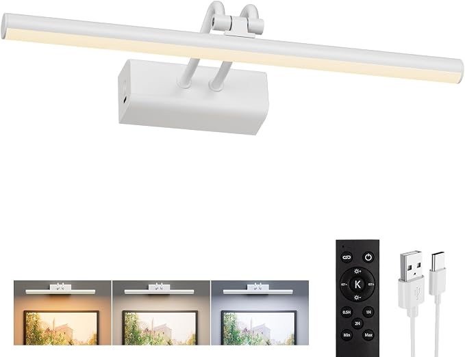 Battery Operated Picture Light for Wall, Remote Control, White | 4000mAh Cordless,Wall Light, Magnetic for Easy to Charge,Timers, Display for Gallery Living Room Bedroom