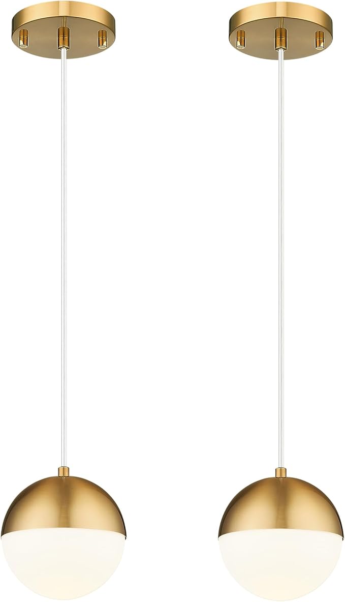 Mid Century Pendant Lights, Brushed Gold Kitchen Island Light Fixtures with White Globe Glass Shade, Adjustable Hanging Cord, 2-Pack for Home Office Dining Room Bathroom, LMS-186PL-BGWS2PK
