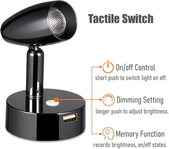RV Reading Light 12V Swivel LED Spotlight with Quick USB Charger & Blue Nightlight, Camper Van Travel Trailer Bedroom Reading Light, 3-1/2" Length,12-24VDC Hard-Wired (Gloss Black)
