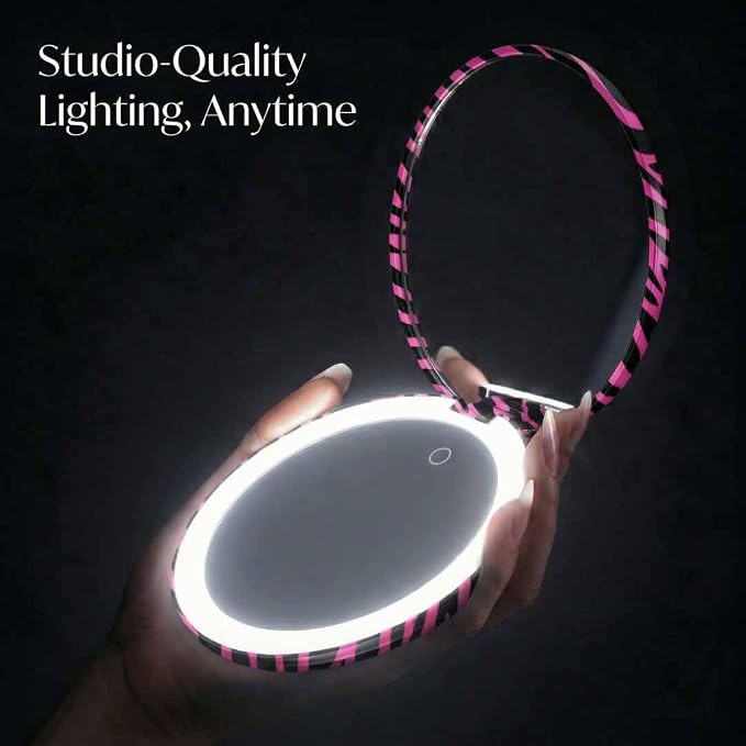 Fancii Taylor LED Lighted Travel Makeup Mirror, Rechargeable, 10x /1x Magnifying, Tru-Glow Lighting System, XL Large 5” Wide | Compact Mirror for Purses (Hot Pink Safari)