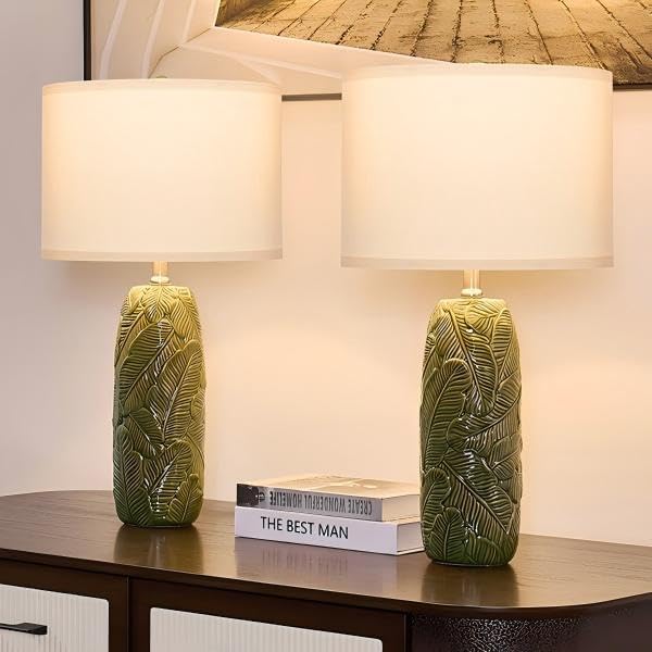 25" Green Ceramic Table Lamps for Living Room Set of 2 with Leaves Design | Retro Bedroom Nightstand Lamps, End Table Lamps, Farmhouse Home Decor Lamps, Green Lamps with White Shade, Premium Ceramic