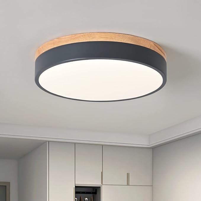 Yiisem Dimmable Wood LED Flush Mount Ceiling Light, Grey, 11.8 in | 5CCT 2700K-6000K Modern Close to Ceiling Lighting Fixtures, Round Ceiling Lamp for Bedroom, Kitchen, Hallway, Laundry Room