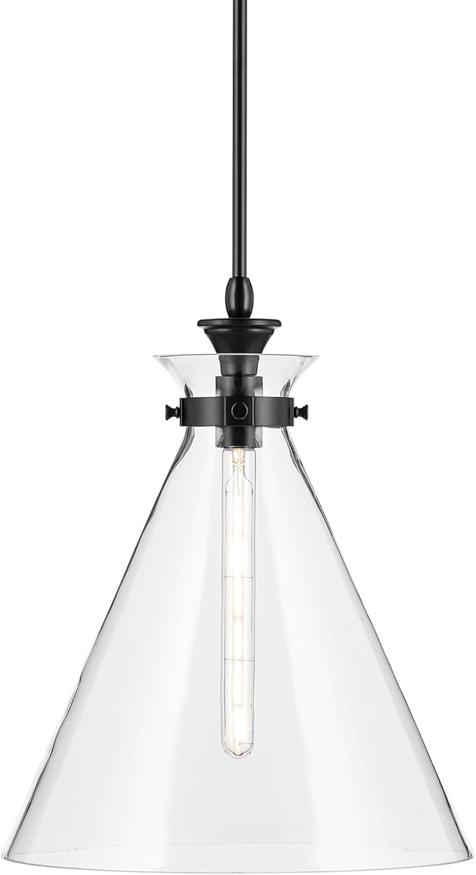 Kichler Laria 1-Light Pendant, Updated Traditional Light, Sloped Ceiling Compatible, for Kitchen with Clear Glass in Black (19.75" x 16"), 52775BKCLR