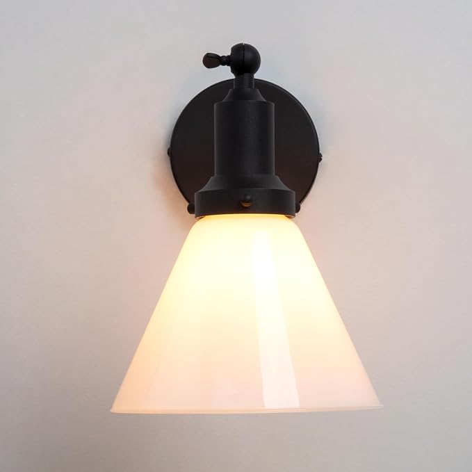 Industrial Vintage Slope Pole Wall Mount Single Sconce with Funnel Flared Milk White Glass Shade Matte Black Wall Sconce Light Lamp Fixture
