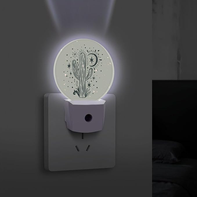 Round LED Night Light,Wild Cactus Desert Arizona Vintage LED Night Light Plug into Wall with Dusk to Dawn Light Sensor White Energy Efficient Nightlight for Bedroom Hallway Living Room Kitchen