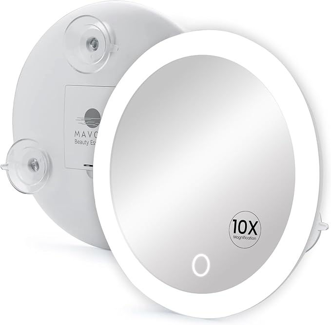 Mavoro 6.8" LED Magnifying Mirror with 3 Strong Suction Cups | 10X Magnification | Portable Lighted Travel Makeup & Cosmetic Mirror with Light (4 AAA Battery Operated |10X)