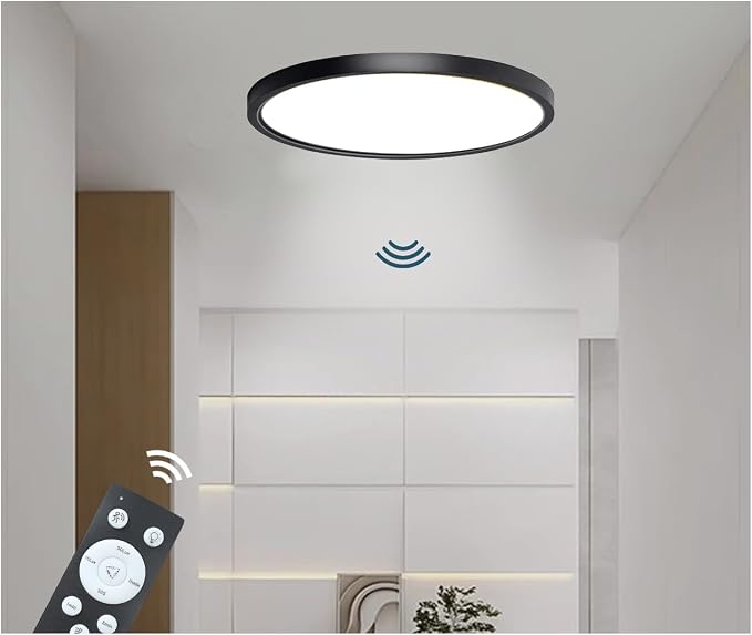 9in Motion Sensor Ceiling Light Indoor, 20W 2000LM, Black | Hardwired Flush Mount, Remote Dimmable, 3000K/4000K/6000K, Closet Hallway Porch Laundry Stairway Basement