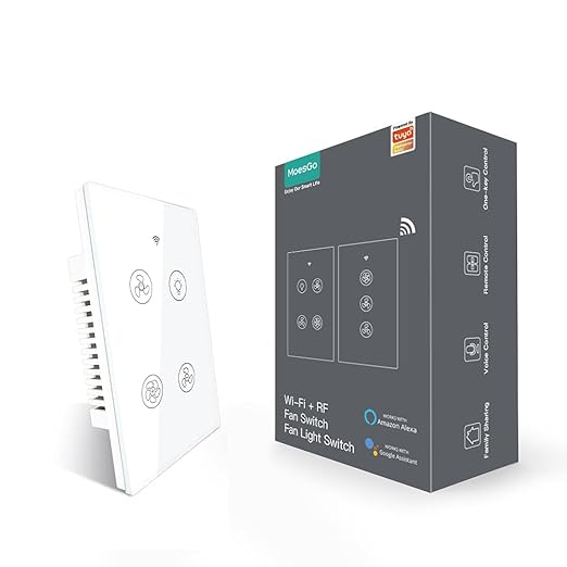 MoesGo WiFi RF Smart Ceiling Fan Light Switch, Work with Smart Life/Tuya APP, Control Speed Control Alexa and Google Home Compatible White