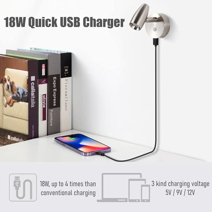 RV Reading Light 12V Swivel LED Spotlight with Quick USB Charger & Blue Nightlight, Camper Van Travel Trailer Bedroom Reading Light,3-1/2" Length,12-24VDC Hard-Wired (Brushed Nickel)