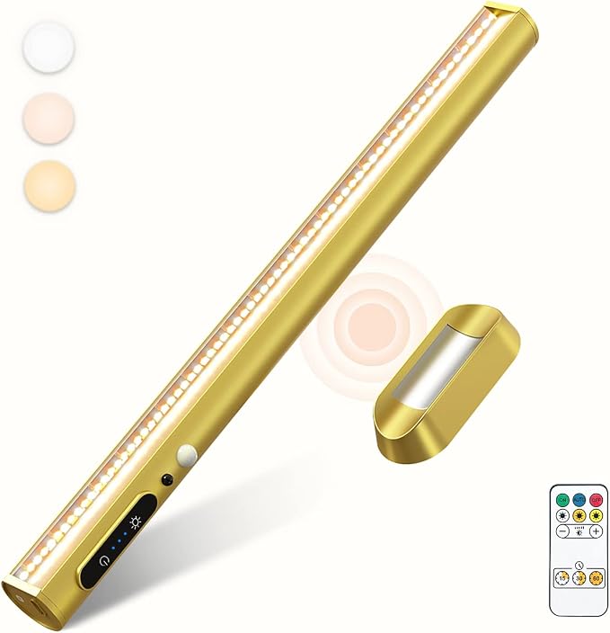 Battery Powered Operated Wall Strip Light with Motion Sensor | LED Light Bar, Rechargeable Magnetic Under Cabinet Lighting Wireless with Remote Control for Desk Mirror Closet Gold